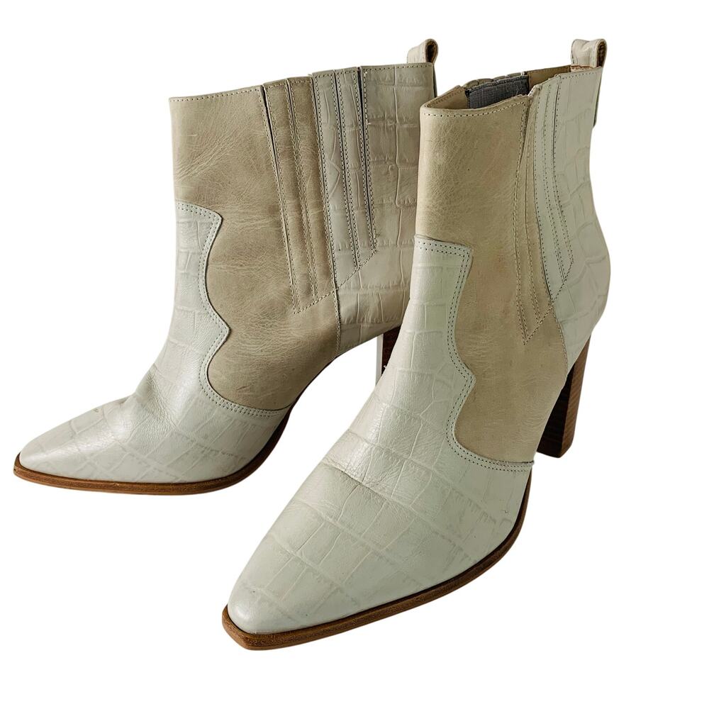 Kaanas Leather Ankle Boots Cream Croc Embossed Block Heel Made in Brazil Size 11